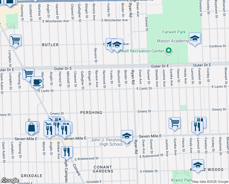 map of restaurants, bars, coffee shops, grocery stores, and more near 19459 Wexford Street in Detroit