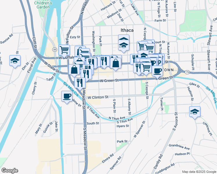 map of restaurants, bars, coffee shops, grocery stores, and more near 116 Cleveland Avenue in Ithaca