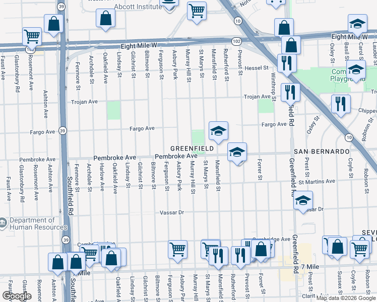 map of restaurants, bars, coffee shops, grocery stores, and more near 19920 Asbury Park in Detroit