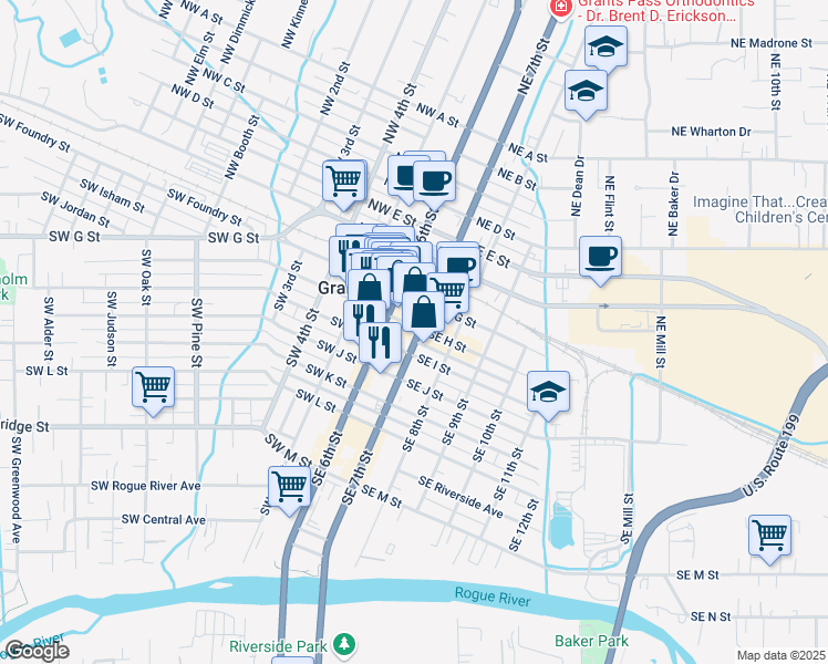 map of restaurants, bars, coffee shops, grocery stores, and more near 101-133 SE H St in Grants Pass