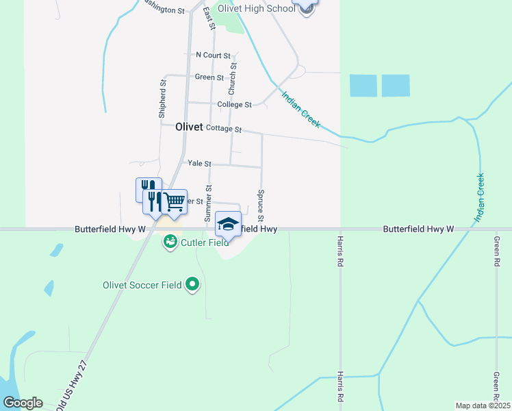 map of restaurants, bars, coffee shops, grocery stores, and more near 628 Spruce Street in Olivet