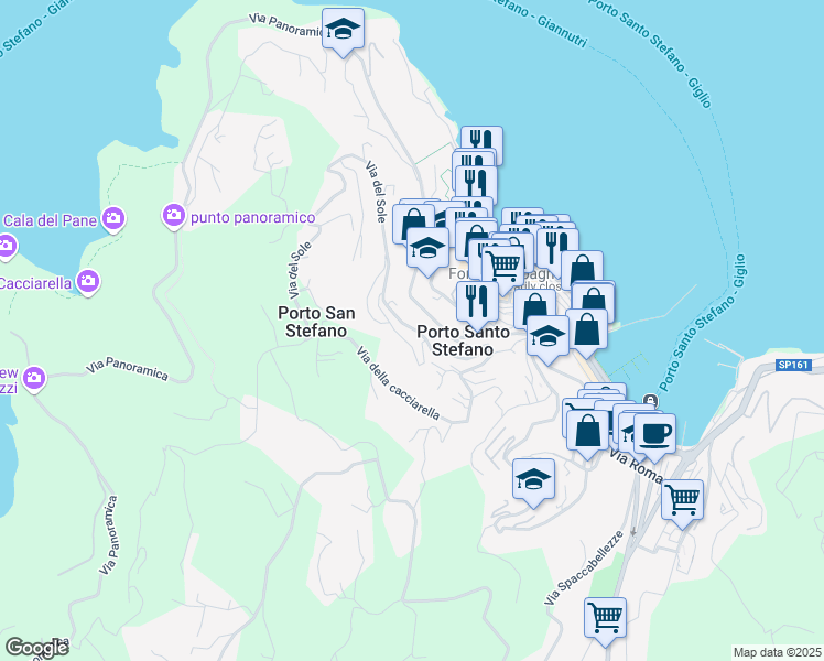 map of restaurants, bars, coffee shops, grocery stores, and more near 51 Via del Sole in Porto Santo Stefano