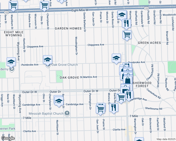 map of restaurants, bars, coffee shops, grocery stores, and more near 19759 Pennington Drive in Detroit