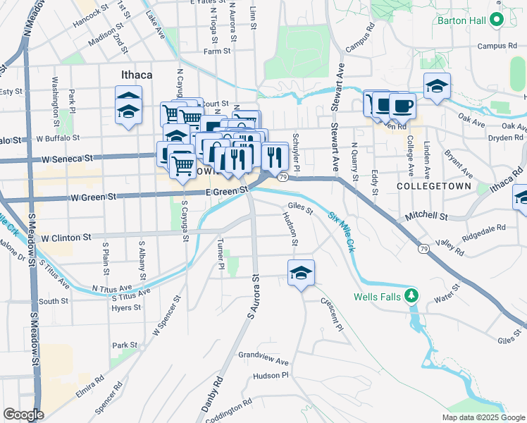 map of restaurants, bars, coffee shops, grocery stores, and more near 206 Prospect Street in Ithaca