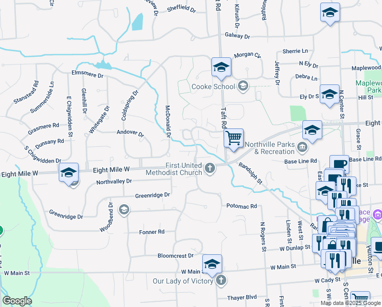 map of restaurants, bars, coffee shops, grocery stores, and more near 1060 Bristol Court in Northville