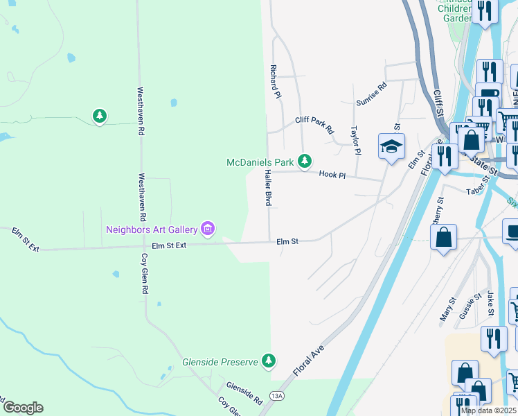 map of restaurants, bars, coffee shops, grocery stores, and more near 124 Haller Blvd in Ithaca