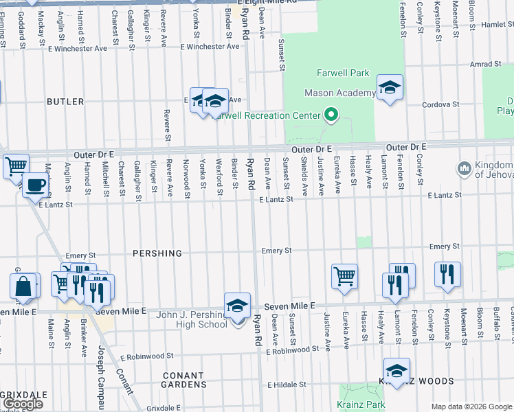 map of restaurants, bars, coffee shops, grocery stores, and more near 19455 Dean Avenue in Detroit