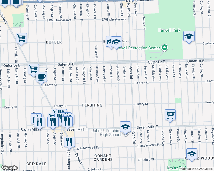 map of restaurants, bars, coffee shops, grocery stores, and more near 19458 Norwood Street in Detroit