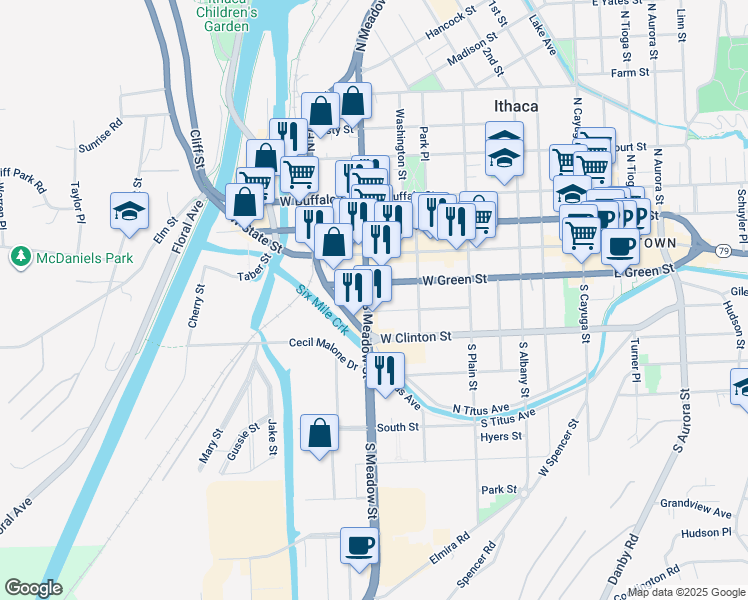 map of restaurants, bars, coffee shops, grocery stores, and more near 621 West Green Street in Ithaca