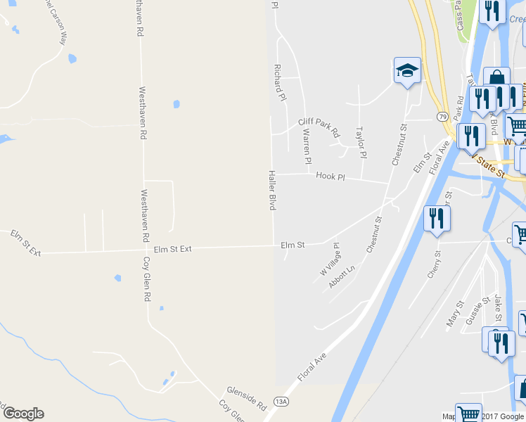 map of restaurants, bars, coffee shops, grocery stores, and more near 124 Haller Blvd in Ithaca