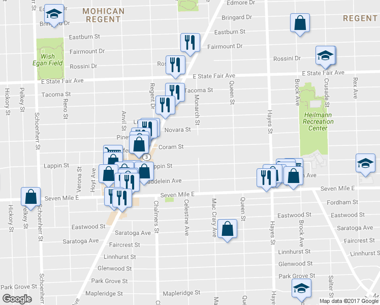 map of restaurants, bars, coffee shops, grocery stores, and more near 14542 Coram Street in Detroit