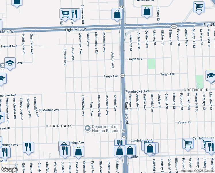 map of restaurants, bars, coffee shops, grocery stores, and more near 19924 Rosemont Avenue in Detroit