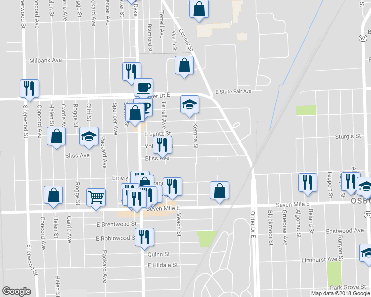 map of restaurants, bars, coffee shops, grocery stores, and more near 8180 Yolanda Street in Detroit