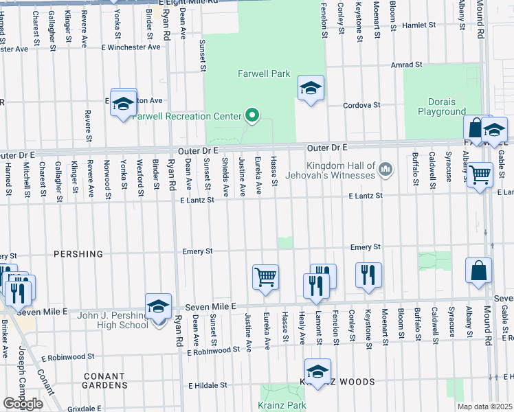 map of restaurants, bars, coffee shops, grocery stores, and more near 19447 Eureka Street in Detroit
