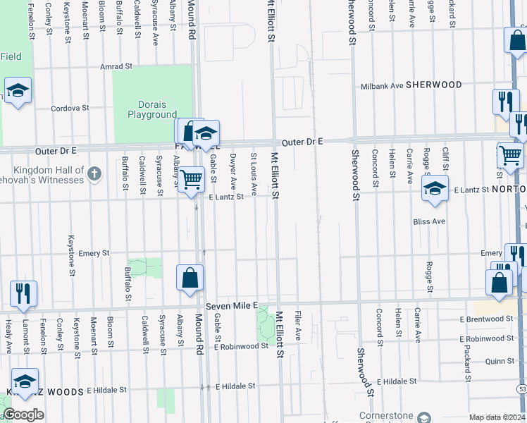 map of restaurants, bars, coffee shops, grocery stores, and more near 19450 Saint Louis Street in Detroit