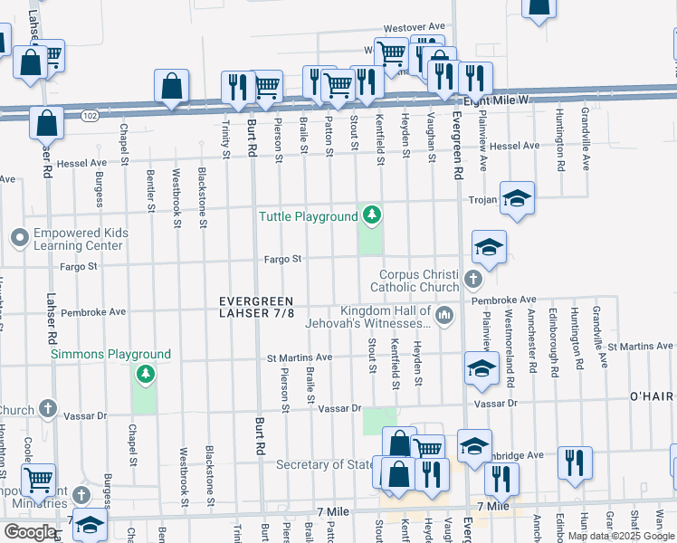 map of restaurants, bars, coffee shops, grocery stores, and more near 19950 Patton Street in Detroit