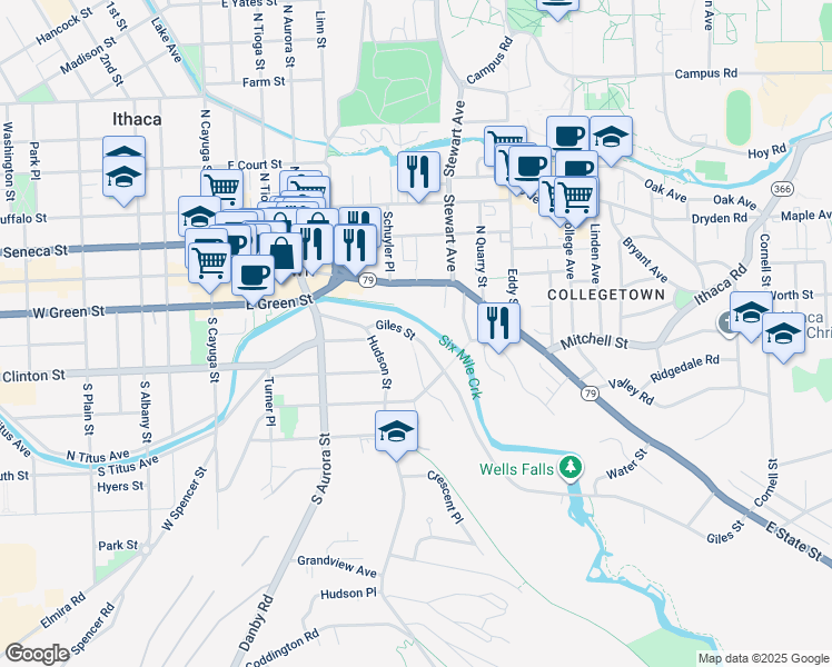 map of restaurants, bars, coffee shops, grocery stores, and more near 127 Giles Street in Ithaca
