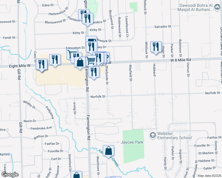 map of restaurants, bars, coffee shops, grocery stores, and more near 20240 Shadyside Street in Livonia