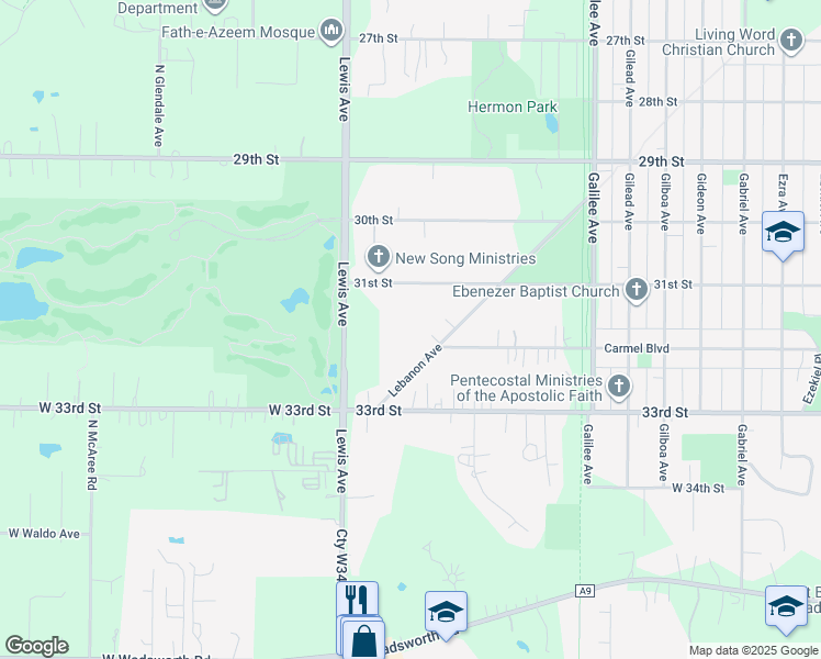 map of restaurants, bars, coffee shops, grocery stores, and more near 3204 Lebanon Avenue in Zion