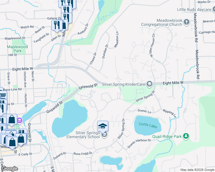 map of restaurants, bars, coffee shops, grocery stores, and more near 33879 Eight Mile Road in Northville