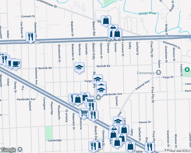 map of restaurants, bars, coffee shops, grocery stores, and more near 20054 Beech Daly in Redford Charter Township