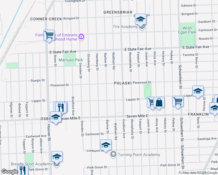 map of restaurants, bars, coffee shops, grocery stores, and more near 19405 Barlow Street in Detroit