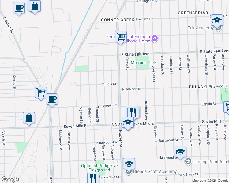map of restaurants, bars, coffee shops, grocery stores, and more near 19400 Albion Avenue in Detroit