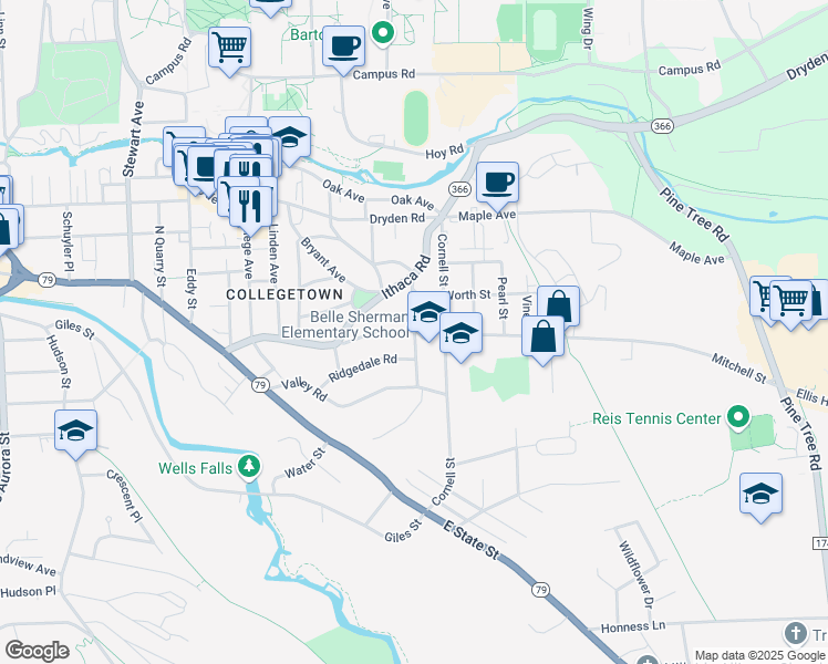 map of restaurants, bars, coffee shops, grocery stores, and more near 501 Mitchell Street in Ithaca