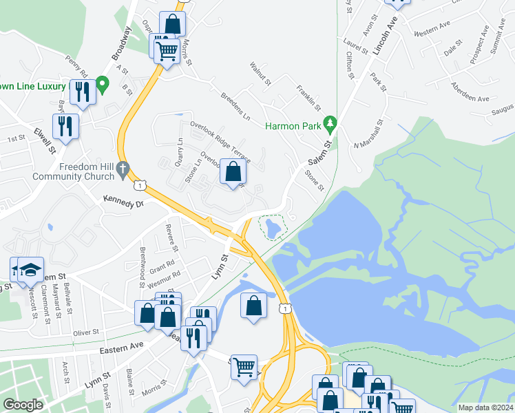 map of restaurants, bars, coffee shops, grocery stores, and more near 3 Overlook Ridge Drive in Revere