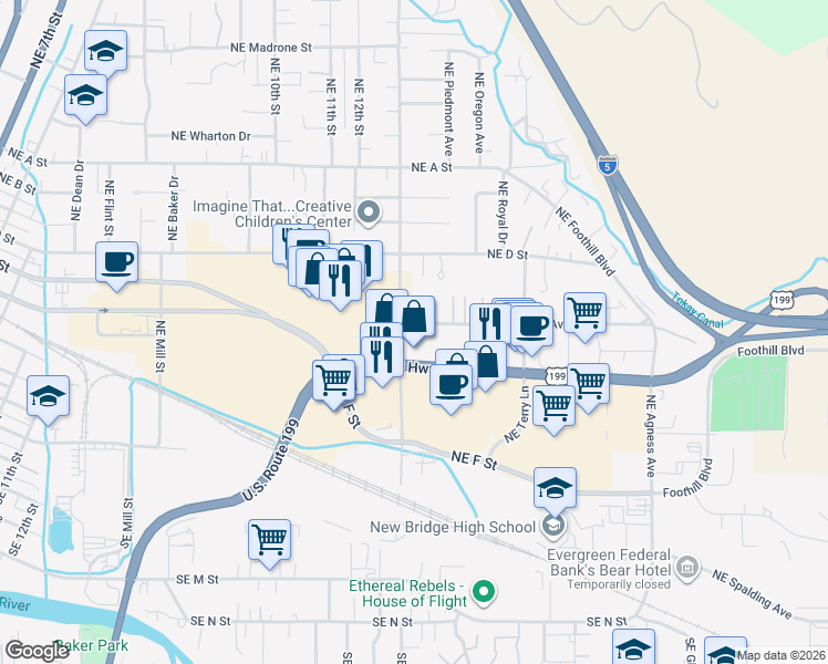 map of restaurants, bars, coffee shops, grocery stores, and more near 1701 Northeast Fairview Avenue in Grants Pass