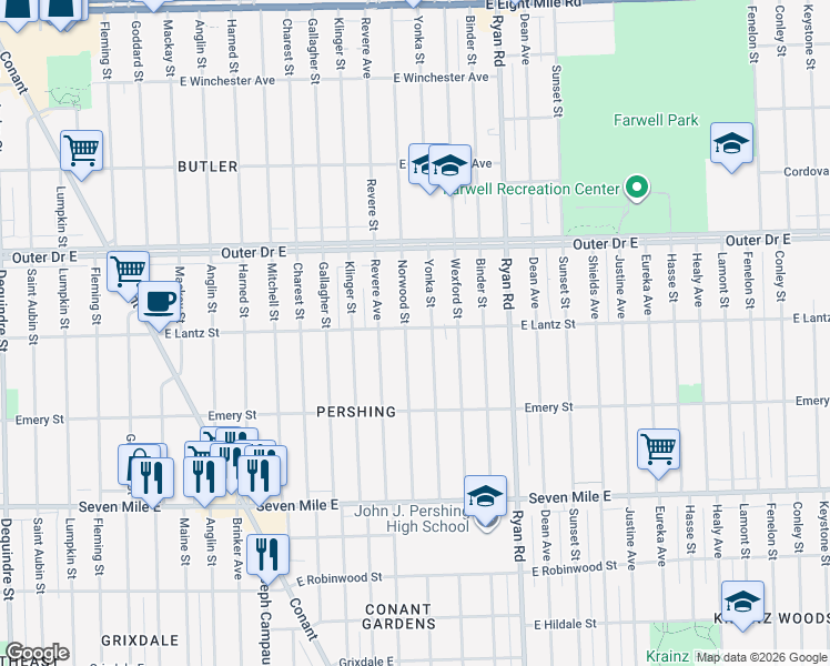 map of restaurants, bars, coffee shops, grocery stores, and more near 19458 Norwood Street in Detroit