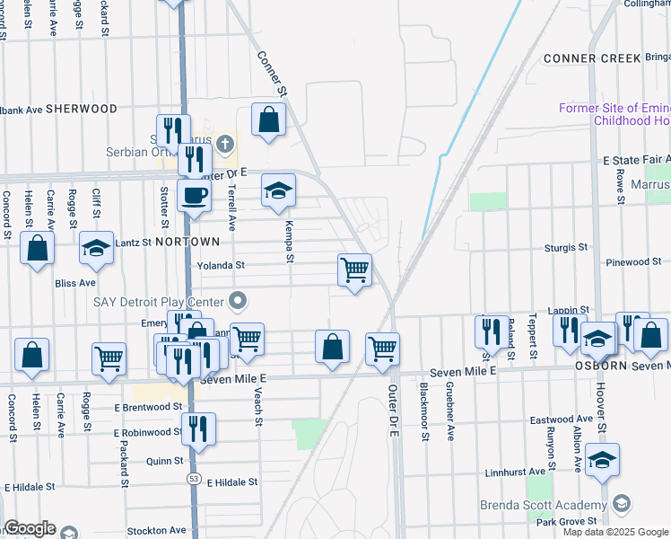 map of restaurants, bars, coffee shops, grocery stores, and more near 8600 Yolanda Street in Detroit
