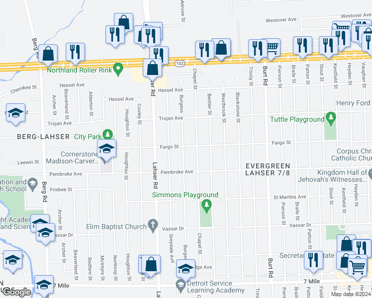 map of restaurants, bars, coffee shops, grocery stores, and more near 19960 Burgess in Detroit