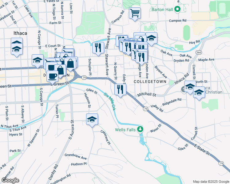 map of restaurants, bars, coffee shops, grocery stores, and more near 112 South Quarry Street in Ithaca