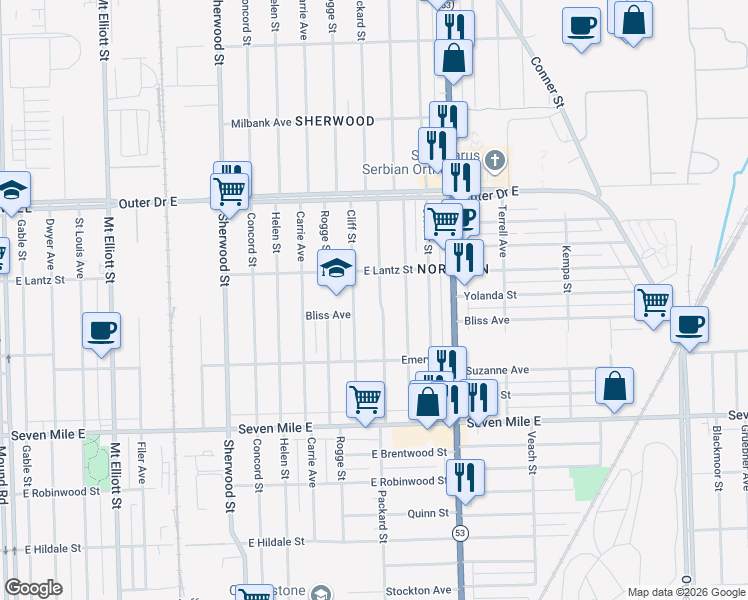 map of restaurants, bars, coffee shops, grocery stores, and more near 19435 Packard Street in Detroit