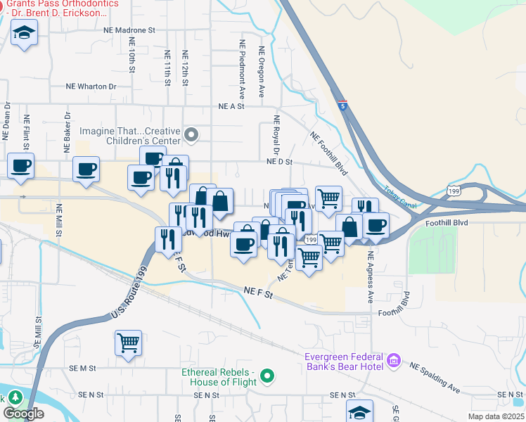 map of restaurants, bars, coffee shops, grocery stores, and more near 1817 Northeast Fairview Avenue in Grants Pass