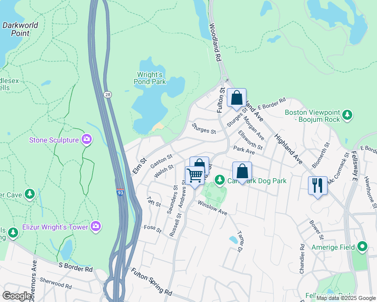 map of restaurants, bars, coffee shops, grocery stores, and more near 141 Gaston Street in Medford