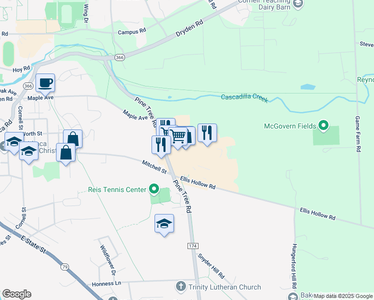 map of restaurants, bars, coffee shops, grocery stores, and more near 349 Pine Tree Rd in Ithaca