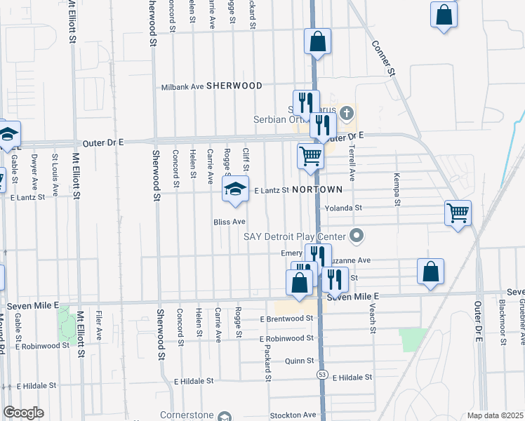 map of restaurants, bars, coffee shops, grocery stores, and more near 19435 Packard Street in Detroit