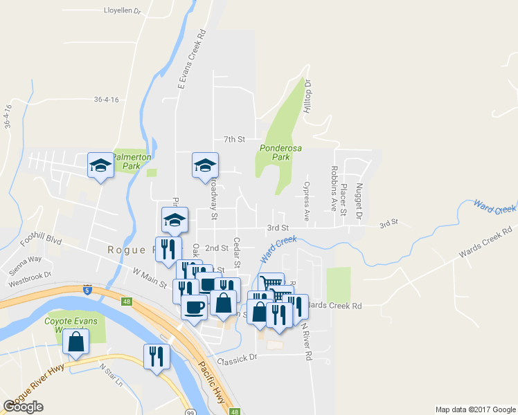 map of restaurants, bars, coffee shops, grocery stores, and more near 108 Willow Ln in Rogue River