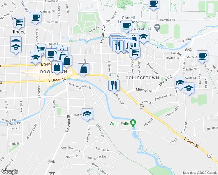 map of restaurants, bars, coffee shops, grocery stores, and more near 110 South Quarry Street in Ithaca