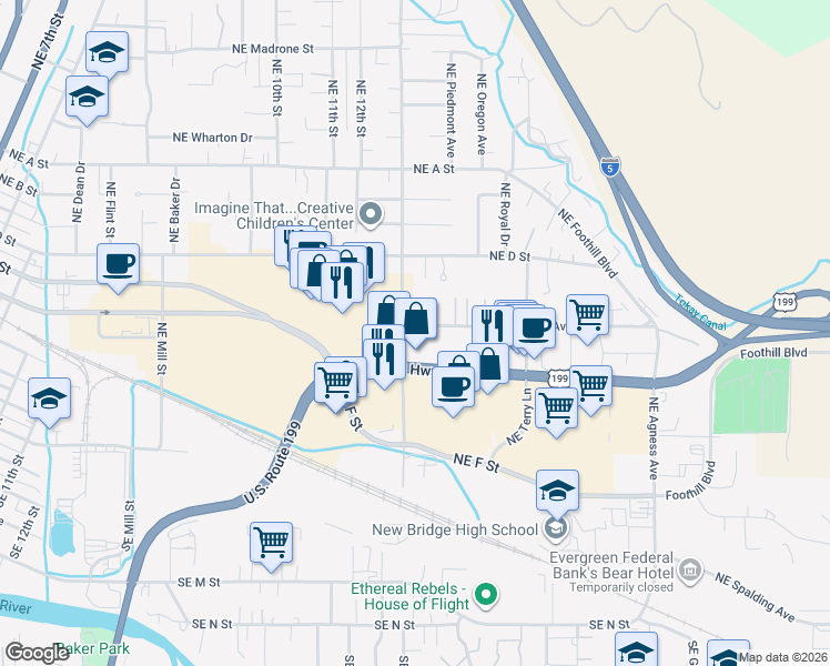 map of restaurants, bars, coffee shops, grocery stores, and more near 1701 Northeast Fairview Avenue in Grants Pass