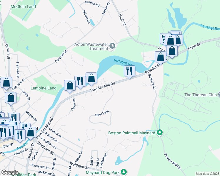map of restaurants, bars, coffee shops, grocery stores, and more near 2 Woodbine Terrace in Maynard