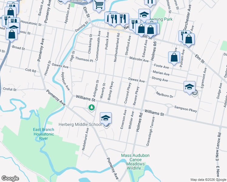 map of restaurants, bars, coffee shops, grocery stores, and more near 36 Lexington Parkway in Pittsfield
