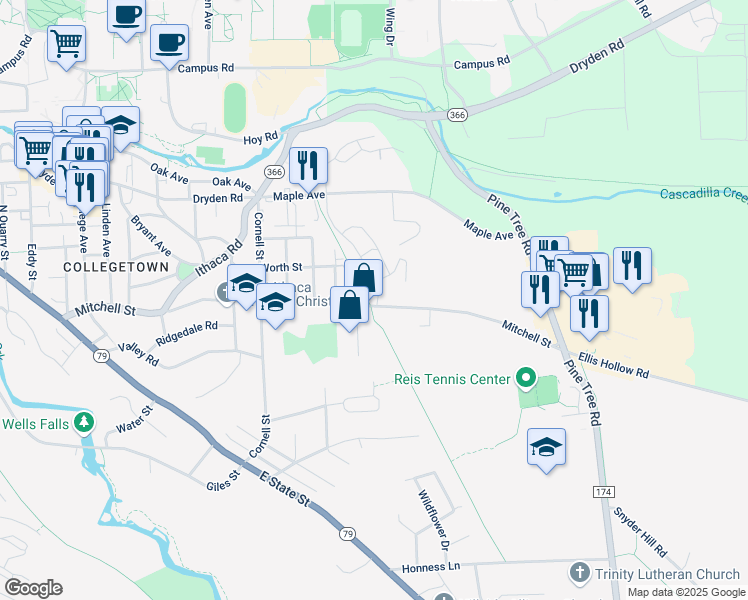map of restaurants, bars, coffee shops, grocery stores, and more near East Ithaca Recreation Way in Ithaca