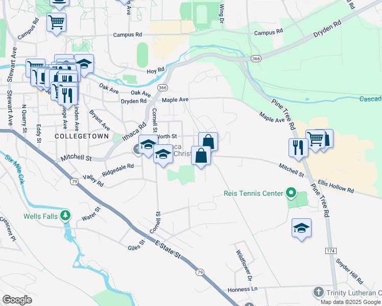 map of restaurants, bars, coffee shops, grocery stores, and more near 806 Mitchell Street in Ithaca