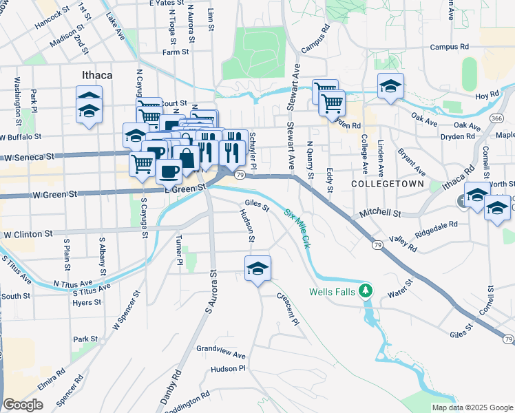 map of restaurants, bars, coffee shops, grocery stores, and more near 135 Hudson Street in Ithaca
