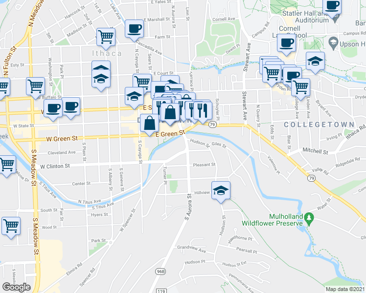 map of restaurants, bars, coffee shops, grocery stores, and more near 222 North Aurora Street in Ithaca