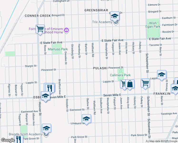 map of restaurants, bars, coffee shops, grocery stores, and more near 19405 Barlow Street in Detroit