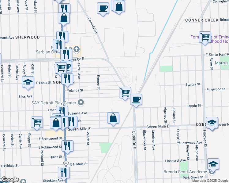 map of restaurants, bars, coffee shops, grocery stores, and more near 8600 Yolanda Street in Detroit